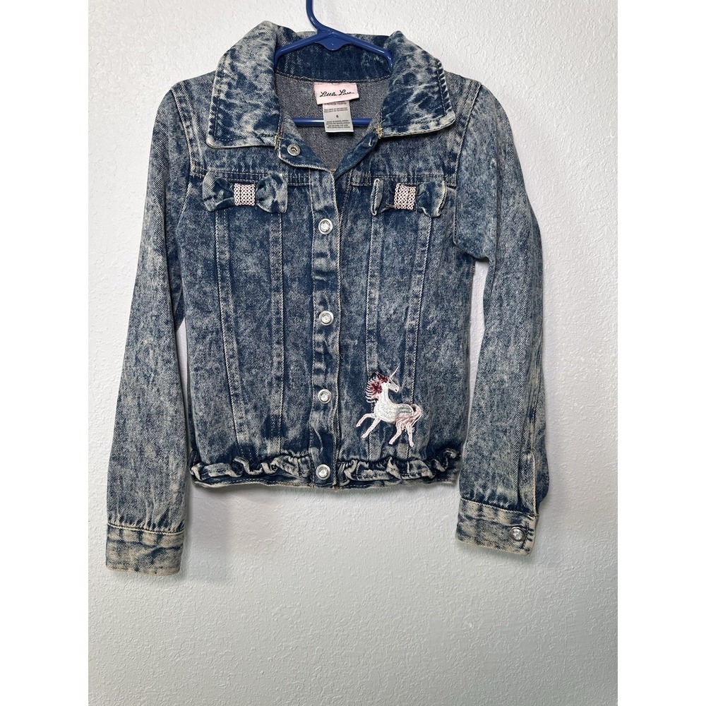 Little Lass Girls Acid Wash Denim Jacket Unicorn Sequin Embellished Size 6T